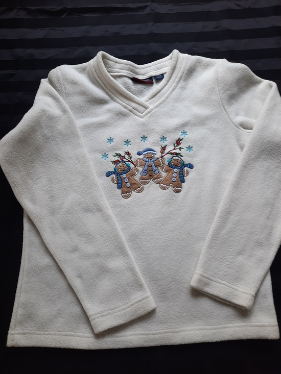 Denver Hayes Sweaters - Denver Hayes Cream Fleece Top with Gingerbread Embroidery